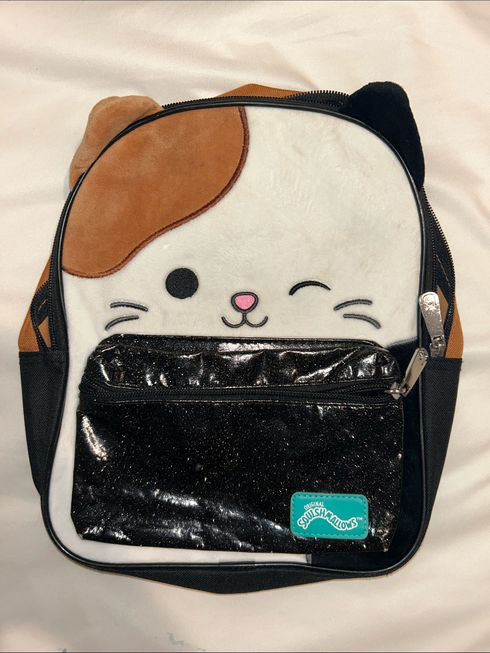 Squishmallows Calico Cat Plush Backpack - White, Brown, Black & Pink Accents